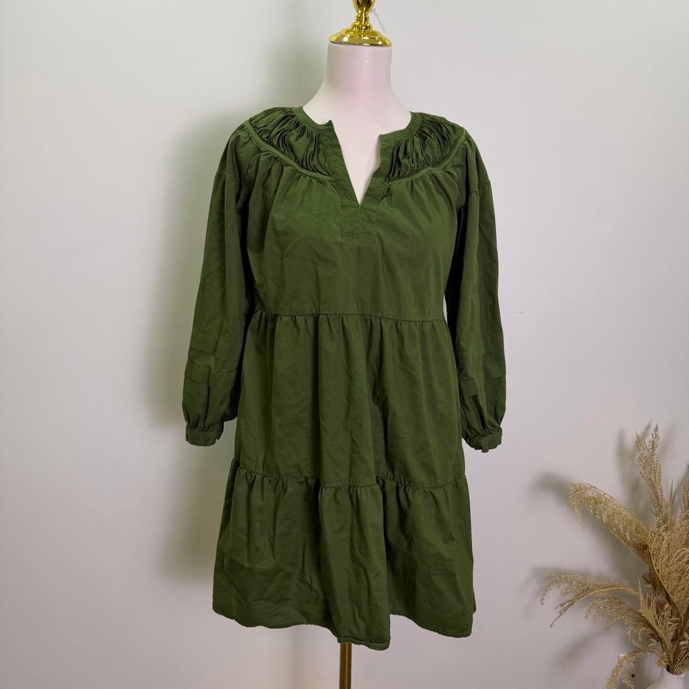 LOFT Olive Green V-Neck Long Sleeve Babydoll Mini Dress Size Small Petite (SP)